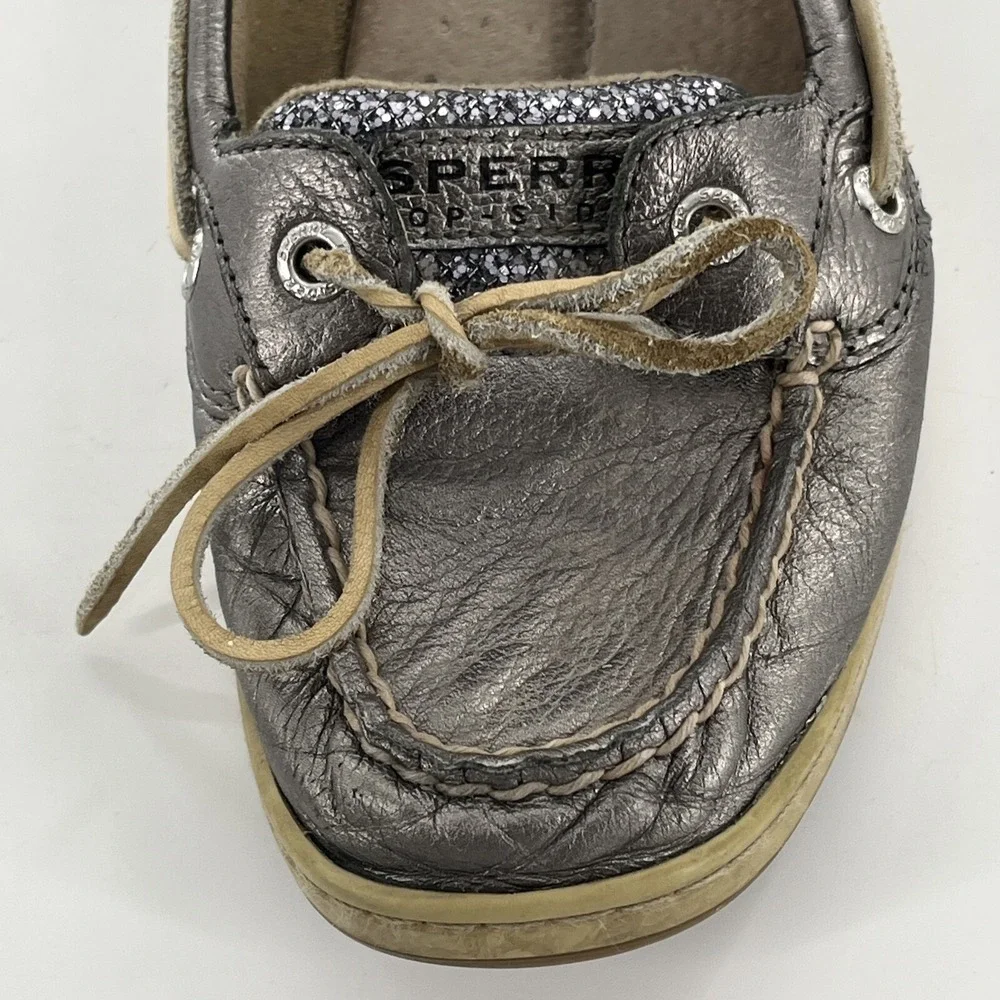 Sperry Angelfish Top-Sider Women 9 Silver Leather Shimmer Boat Shoe Preppy Deck‎